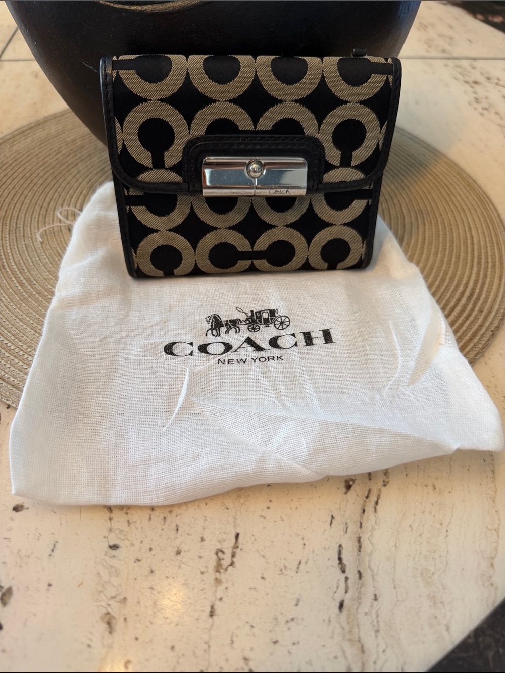 COACH Kristen Black and Khaki Op Art Jacquard Tri-Fold Wallet w/Dustbag